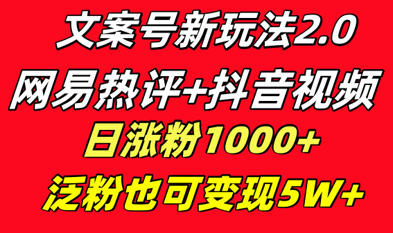 文案号新玩法 网易热评+抖音文案 一天涨粉1000+ 多种变现模式 泛粉也可变现_双星网创_创业赚钱_抖音教程_短视频教程-创业赚钱_抖音教程_短视频教程