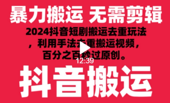 2024最新抖音搬运技术，抖音短剧视频去重，手法搬运，利用工具去重，达到秒过原创的效果_双星网创_创业赚钱_抖音教程_短视频教程-创业赚钱_抖音教程_短视频教程