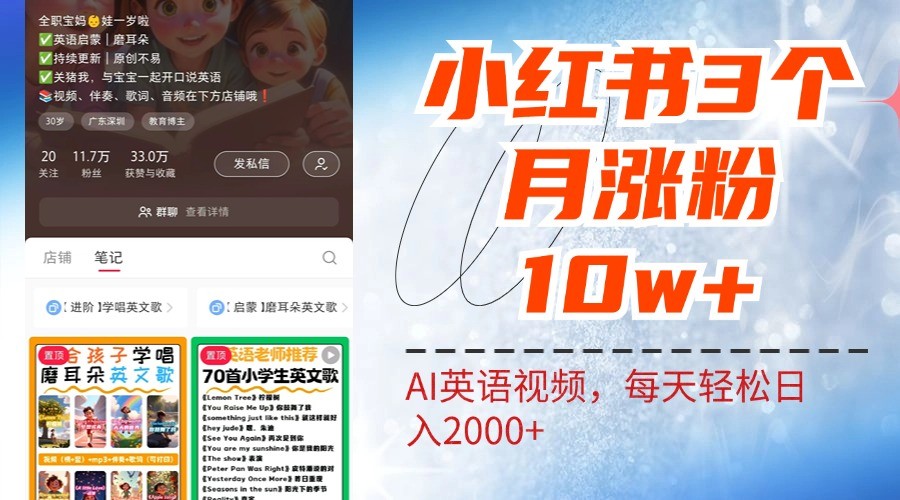 小红书三个月涨粉10W，AI英语视频0成本制作，每天轻松日入2000+_双星网创_创业赚钱_抖音教程_短视频教程-创业赚钱_抖音教程_短视频教程