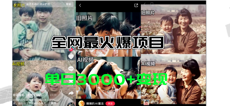 全网爆火的AI让老照片动起来教程，蹭热点日赚3000+，内含免费工具一键生成_双星网创_创业赚钱_抖音教程_短视频教程-创业赚钱_抖音教程_短视频教程